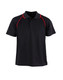A black polo shirt with red accents and a collar, featuring a logo on the chest.