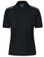 A black polo shirt for women with short sleeves and two white stripes on the shoulders. It features a logo on the chest. A black polo shirt for women with short sleeves and two white stripes on the shoulders. It features a logo on the chest.
