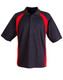 A black and red polo shirt with short sleeves and a collar, featuring a logo on the chest.