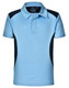 A light blue polo shirt with dark blue accents, featuring a collar and short sleeves. It has a logo on the label.