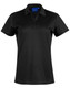 A black short sleeve polo shirt with a collar and button detailing, featuring a logo on the chest.