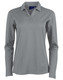 A long sleeve polo shirt in grey, featuring a collar and three buttons, with branding on the neckline.