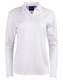 A white long sleeve polo shirt with a collar and buttons, featuring a logo on the front.