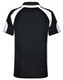 A black polo shirt with white accents and a logo on the back.
