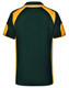 A green and gold kid's polo shirt with a contrasting design, featuring a logo on the front.