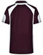 A maroon and white polo shirt featuring a logo on the back and contrast panel details.