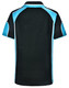 A black polo shirt with turquoise accents and a logo on the back.