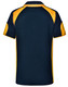 A navy blue and yellow polo shirt featuring a logo on the back.