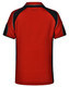 A red polo shirt with black accents, featuring a logo on the back and a classic collar design.