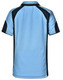 A light blue children's polo shirt featuring dark blue accents and a logo on the front.