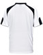 A white polo shirt with black accents and a logo on the back. The shirt features short sleeves and a classic collar.