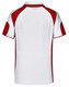 A polo shirt featuring a white base with red accents and a logo on the back.