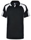 A black and white polo shirt featuring short sleeves and a collar, with a logo on the front.