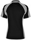 A polo shirt in black with grey accents and a logo. Features a classic collar and short sleeves.