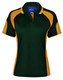 A polo shirt in green with yellow accents, featuring a collar and short sleeves. It has a logo on the chest.
