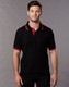 A black polo shirt with red collar and sleeve stripes, featuring a logo on the chest.