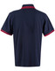 A navy polo shirt with red trim on the collar and sleeves, featuring a logo on the front.
