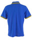 A blue polo shirt with yellow and green striped detailing on the collar and sleeves. It features a logo.