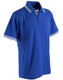 A blue polo shirt with white striped accents on the collar and sleeves, featuring a logo.