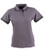 A ladies' polo shirt in grey with contrasting black stripes on the collar and sleeves. It features a logo.