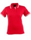 A red ladies' polo shirt with white stripes on the collar and sleeves, featuring a logo on the chest.