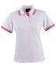 A white polo shirt with red stripes on the collar and sleeves, featuring button detailing and a logo.