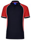 A tri-colour polo shirt featuring black, red, and white panels with a collar and buttons. It has a logo on the chest.