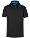 A black polo shirt with contrast blue detailing, featuring a collar and two buttons, and a logo on the label. A black polo shirt with contrast blue detailing, featuring a collar and two buttons, and a logo on the label.