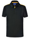 A black short sleeve polo shirt with yellow contrast detailing and a logo on the collar. A black short sleeve polo shirt with yellow contrast detailing and a logo on the collar.