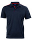 A navy blue short sleeve polo shirt with red contrast details and a logo. A navy blue short sleeve polo shirt with red contrast details and a logo.
