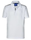 A white short sleeve polo shirt with contrast details and a collar, featuring a logo on the chest. A white short sleeve polo shirt with contrast details and a collar, featuring a logo on the chest.