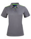 A grey ladies' short sleeve polo shirt with contrasting green detailing and a logo.