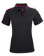 A black short sleeve polo shirt featuring red contrast detailing and a collar, with a logo on the chest.