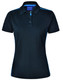A black ladies' short sleeve polo shirt with contrasting blue side panels and a collar. Features a logo.