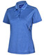 A blue ladies' short sleeve polo shirt with a collar and a logo, featuring a textured fabric.