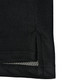 A black polo shirt featuring a textured fabric and side slit detail, also has a logo on it.