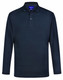 A navy long-sleeve polo shirt featuring a collar and buttons, with a logo on the chest.