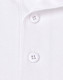A close-up of a white sustainable polo shirt featuring two buttons and a collar. The shirt includes a logo.