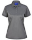 A grey ladies' short-sleeve polo shirt made from sustainable poly/cotton, featuring a collar and buttons, with a logo. A grey ladies' short-sleeve polo shirt made from sustainable poly/cotton, featuring a collar and buttons, with a logo.