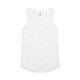 A white racerback singlet featuring a smooth fabric and a rounded hem, with a logo at the neckline.
