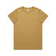 A mustard-coloured T-shirt with a round neckline and short sleeves. The shirt features a branding logo.