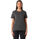 A dark grey women's T-shirt with short sleeves and a round neckline, featuring a logo.