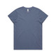 A faded blue T-shirt featuring a round neckline and short sleeves. It has a branding logo.
