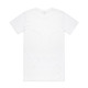 A plain white T-shirt featuring short sleeves and a minimalistic design. It includes a logo on the tag.