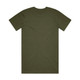 A plain olive green T-shirt featuring a short sleeve design and a standard crew neck. It has a logo on the back.