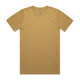 A faded mustard yellow T-shirt with short sleeves and a tag at the neckline, featuring a logo.