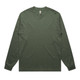A long-sleeve tee in dark green, featuring a simple design and a logo on the label.