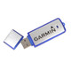 A blue and silver USB flash drive with a cap and a logo. It has a rectangular shape and a standard USB connector.