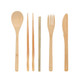 A bamboo cutlery set featuring a spoon, fork, knife, chopsticks, and a straw, all in natural bamboo colour.