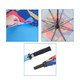 A colourful sports umbrella with a patterned canopy, featuring a blue interior and a black handle with a logo.